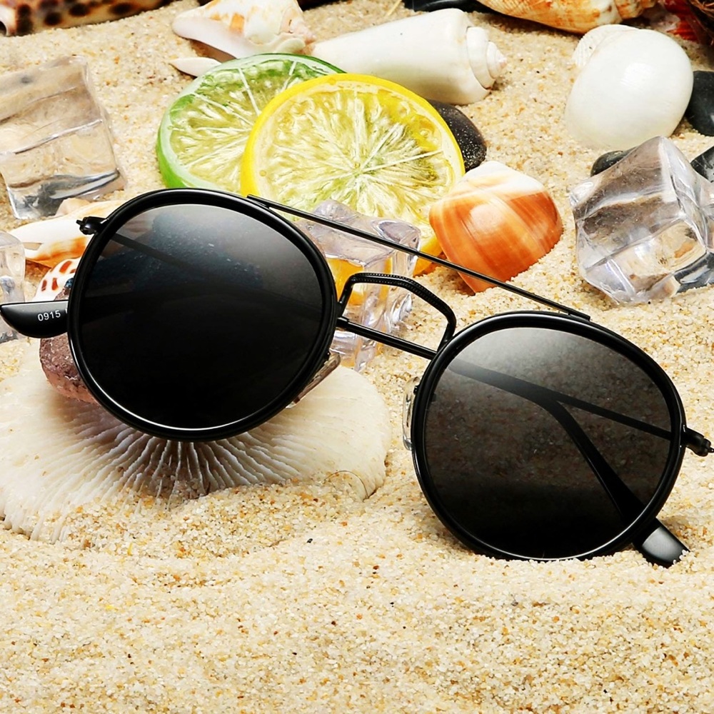 NWT DUSHINE Small Round Black Frame / Grey Lenses Round Double Bridge Sunglasses - Picture 6 of 10